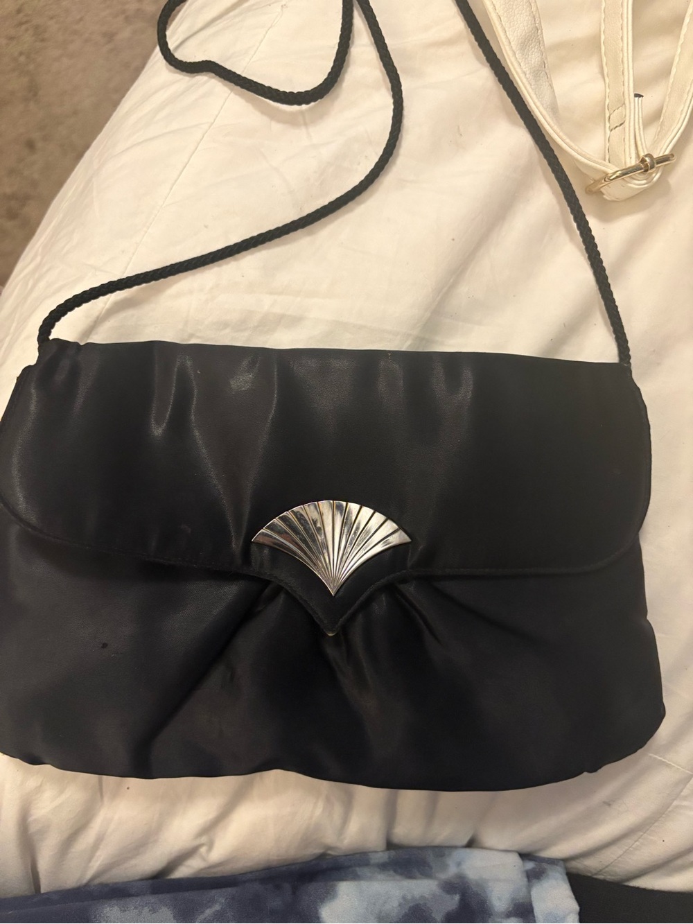 Black Shoulder Bag with Silver Fan Accent